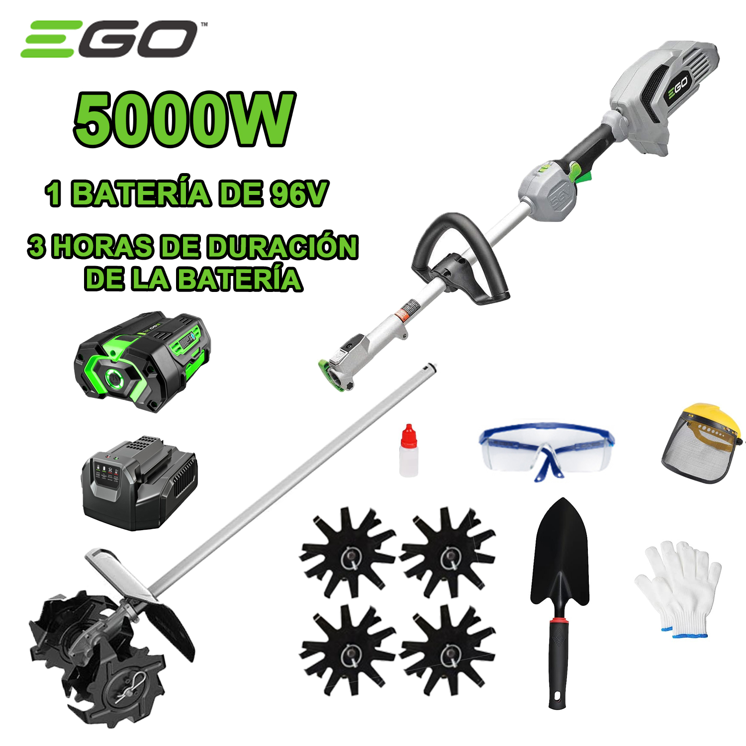 cultivador de potencia de 5000W+ 1 batería 96V + carga rápida + cuchillo de cultivo + set completo de accesorios