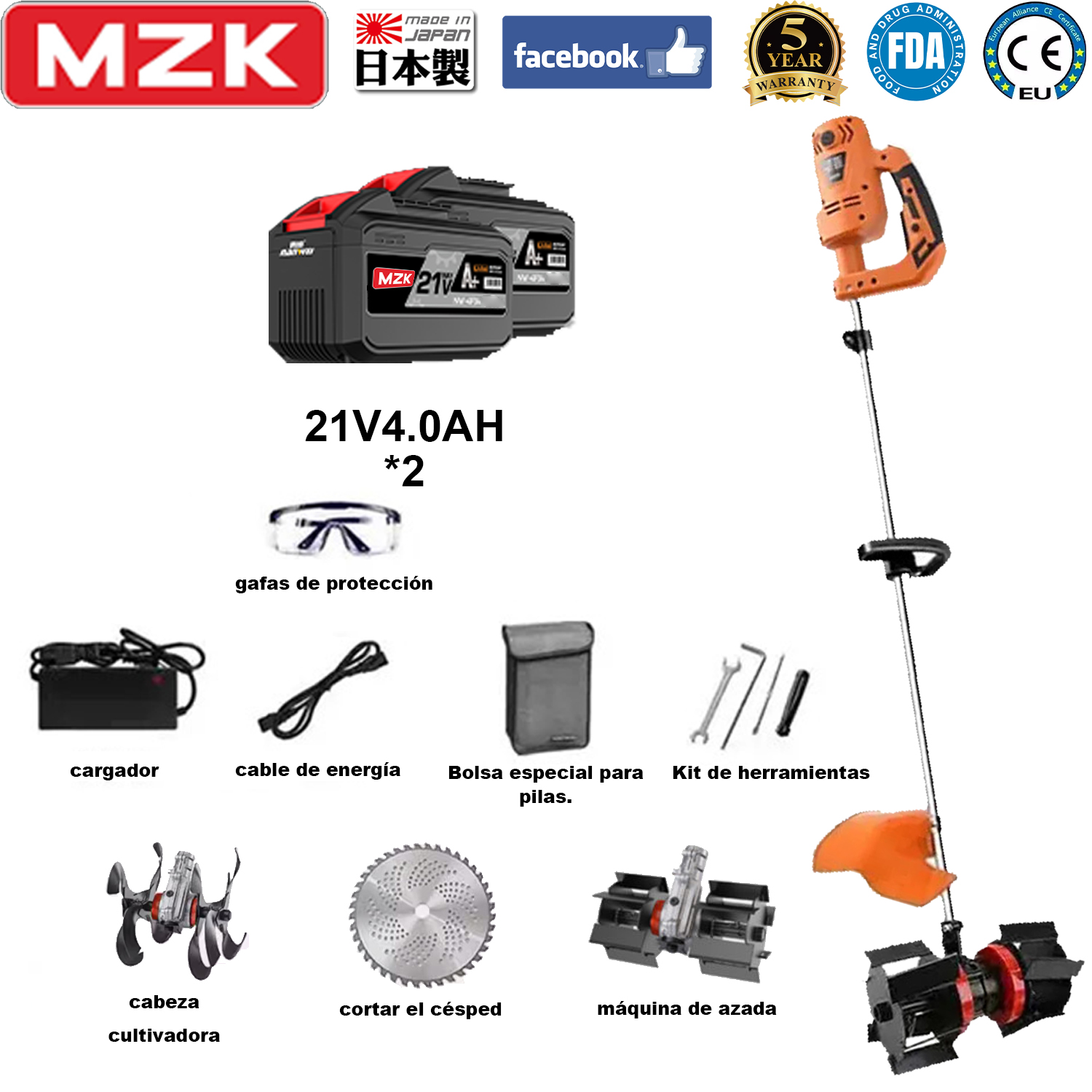 Cultivador multifuncional 21V4.0Ah*2, equipado con cabezal de cultivo, cabezal de cortacésped, cabezal de azada y diversos accesorios para herramientas