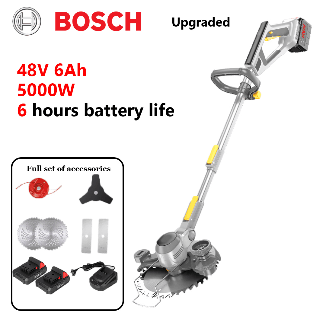 Versión mejorada: potencia de 5000 W, 6 horas de duración de la batería, puede cortar troncos de árboles de 10 cm (regalo: batería de litio de 48 V 6 Ah * 2 + hojas de sierra de aleación * 2 + hoja triangular * 1 + hoja plana * 2 + cabezal de corte de aleación * 1 + cargador rápido * 1)