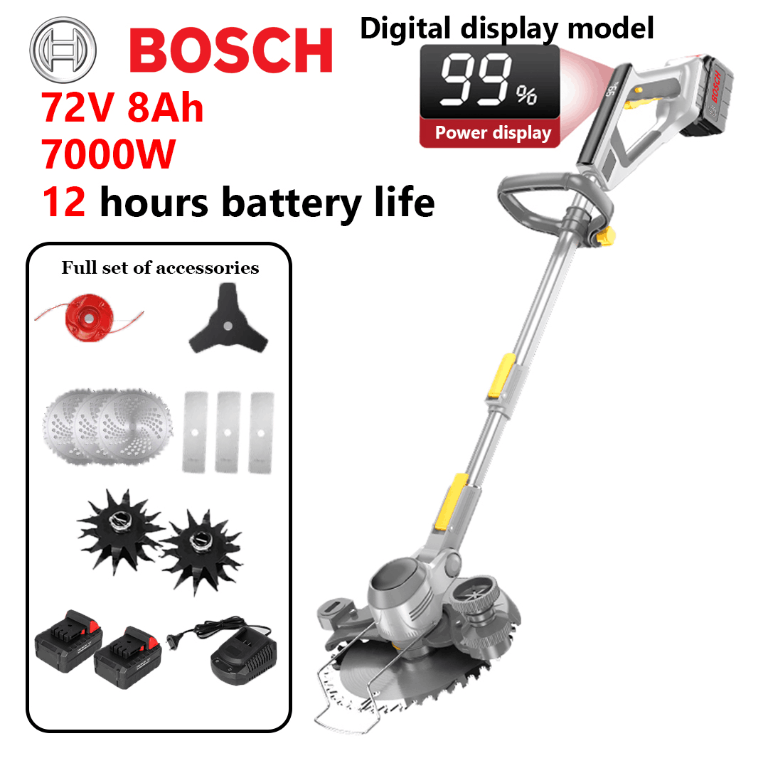 Modelo de pantalla digital: potencia de 7000 W, 12 horas de duración de la batería, puede cortar troncos de árboles de 20 cm (regalo: batería de litio de 72 V 8 Ah * 2 + hoja de sierra de aleación * 3 + hoja triangular * 1 + hoja plana * 1 + cabezal de corte de aleación * 1 + reja de arado * 2+carga rápida*1)