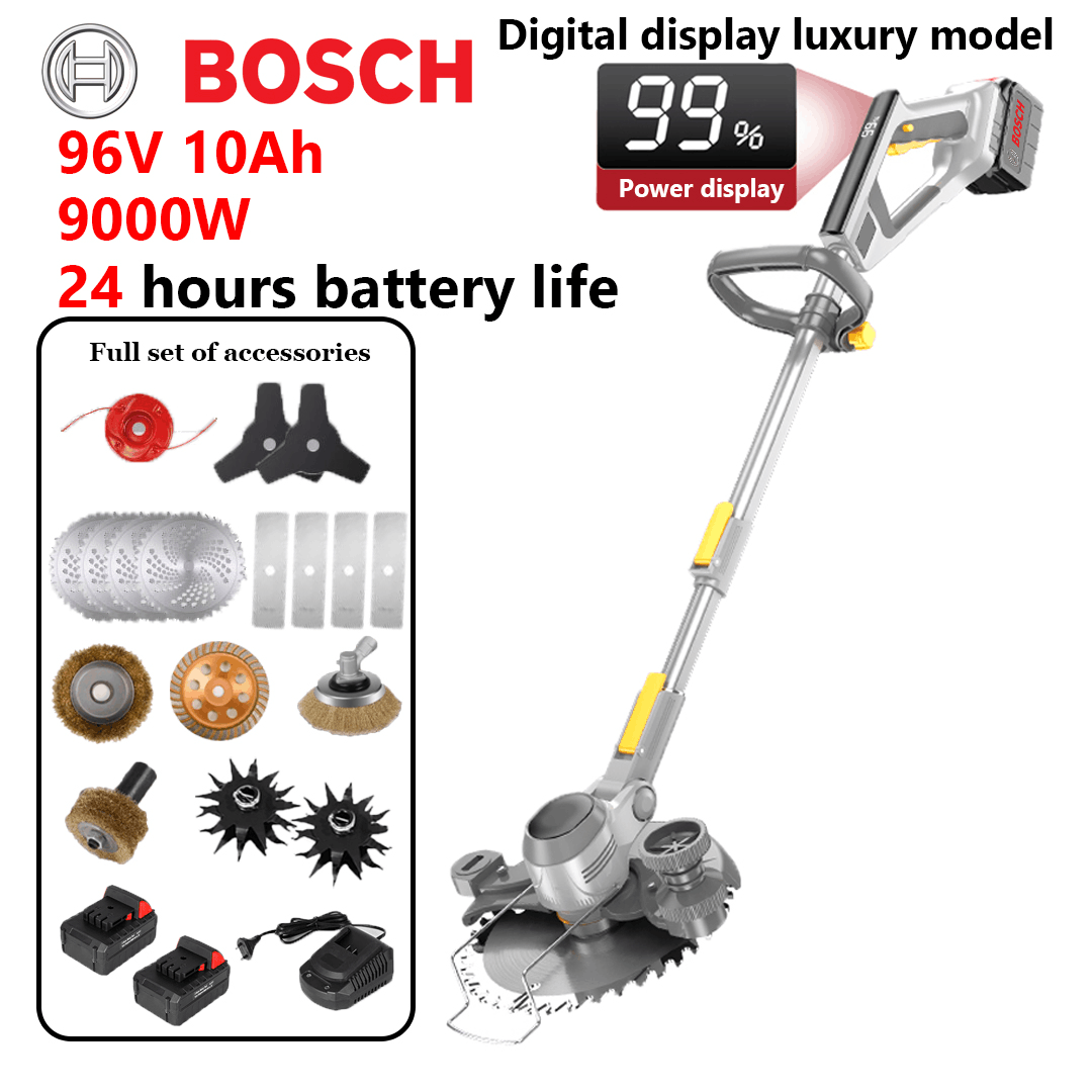 Modelo de lujo con pantalla digital: potencia de 9000 W, duración de la batería de 24 horas, puede cortar troncos de árboles de 30 cm (regalo: batería de litio de 96 V 10 Ah * 2 + hoja de sierra de aleación * 4 + hoja ranurada * 4 + hoja triangular * 2 + cabezal de corte de aleación * 1 + Reja de arado * 2 + Cabezal de pulido de tuberías * 1 + Cabezal de pulido de aleación * 1 + Cabezal de cepillo de alambre grande para eliminar óxido * 1 + Cargador rápido * 1)