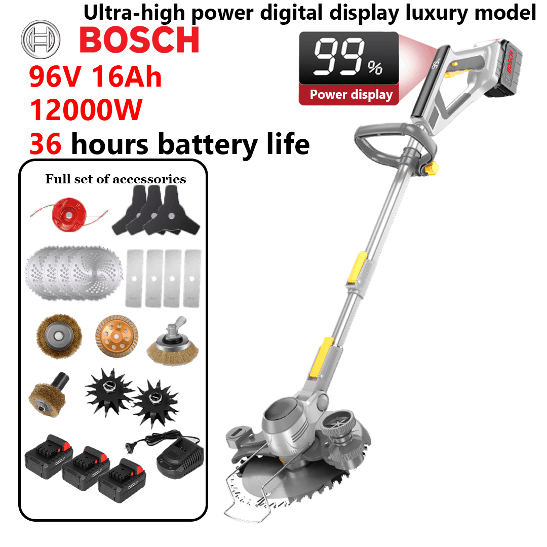 Modelo de pantalla digital de lujo de alta potencia - Recomendado: potencia de 12000 W, 36 horas de duración de la batería, puede cortar troncos de árboles de 40 cm (regalo: batería de litio de 96 V 16 Ah*3+hoja de sierra de aleación*4+hoja ranuradora*4+hoja triangular*3+ cabezal de corte de aleación * 1 + reja de arado * 2 + cabezal de pulido de tuberías * 1 + cabezal de pulido de aleación * 1 + cabezal de cepillo de alambre grande * 1 + cargador rápido * 1)